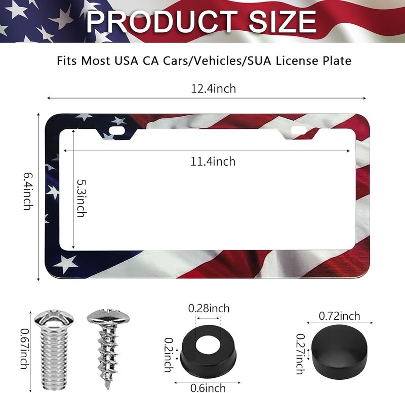 LIN KANG Patriotic American Flag License Plate Frame Holder - 2 Pack Universal Quality Metal Aluminum Matte Stripe US Flag Gloss Car Plate Frame Covers with 2 Holes and Free Screws Fasteners Caps - Image 2